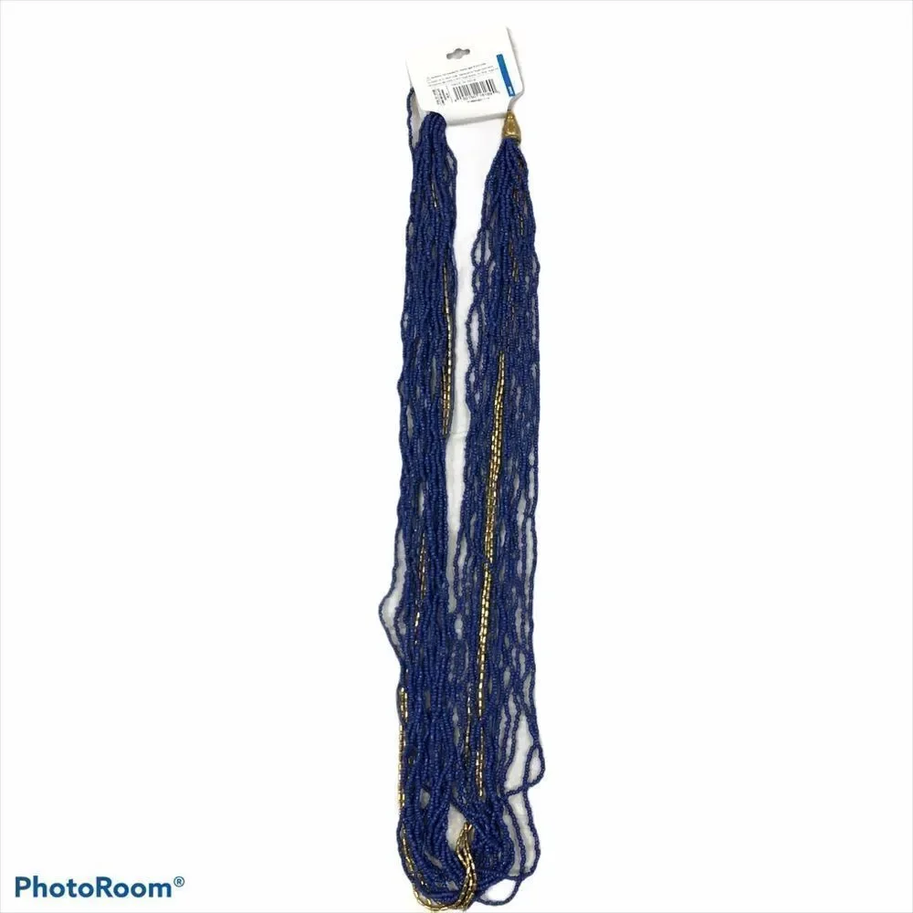 NWT ong Multistrand Blue‎ & Gold Seed Bead Necklace